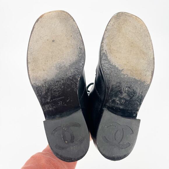 Chanel 2020 Interlocking CC Logo Black Glitter Patent Cap Toe Combat Boot EU 37 - Picture 12 of 16